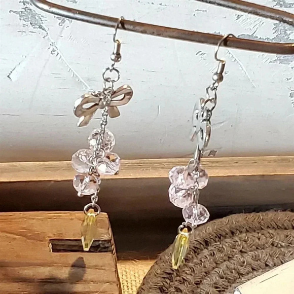 Bohemian Silver Bows Pale Faceted Glass Beads Long Chain Earrings - Picture 8 of 9